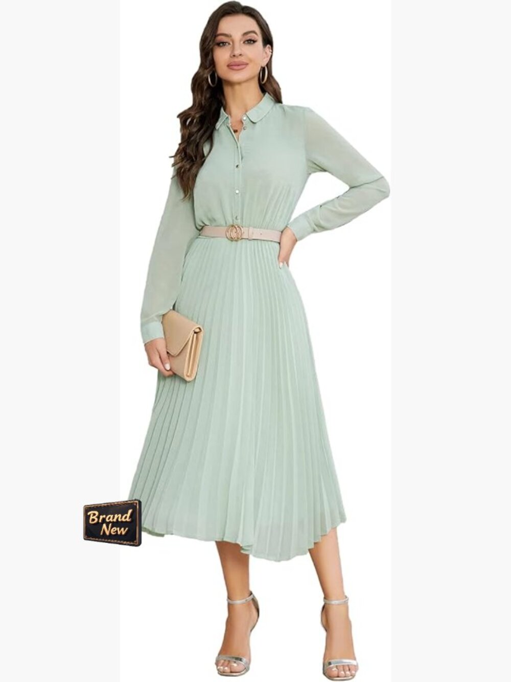 Women's Work Midi Dress with Belt Long Sleeve Pleated Business Casual
